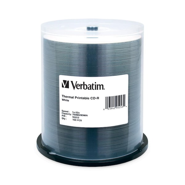 Verbatim Disk, Cd-R 80 Min, White Thermal Printable100 Pk Spindle, 700Mb, 52X 95253 - main